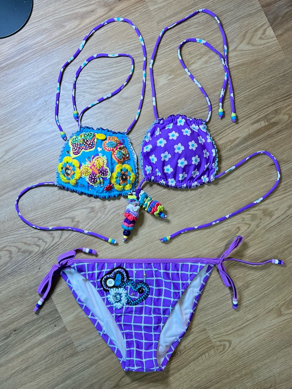 Hand Crafted Purple & Blue Floral Beaded Bikini